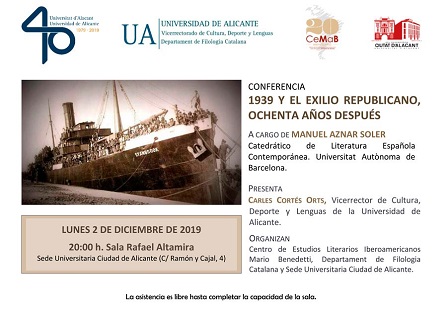 Manuel Aznar hablará de «1939 y el exilio republicano, ochenta años después» en la Sede Ciudad de Alicante