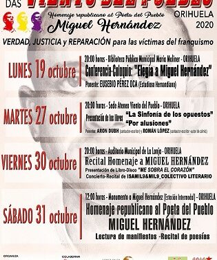 Eusebio Pérez Oca ofrecerá este próximo lunes una conferencia sobre Miguel Hernández en la Biblioteca Pública Municipal María Moliner de Orihuela