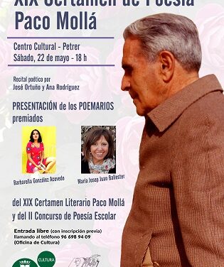 Este sábado Petrer presenta los poemarios ganadores del XIX Certamen de Poesía Paco Mollá