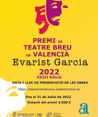 La Diputació d’Alacant obri la convocatòria del Premi de Teatre Breu en Valencià Evarist Garcia 2022