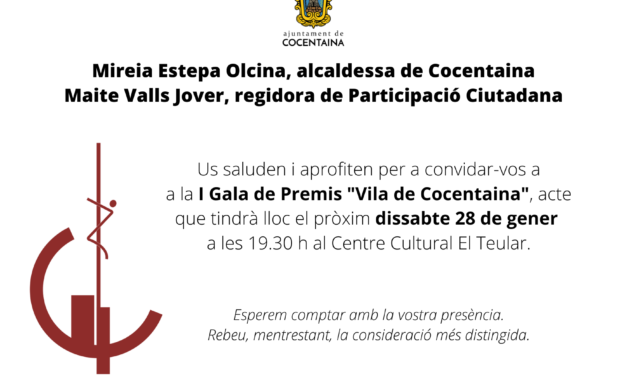 La I Gala de Premis «Vila de Cocentaina» tindrà lloc el dissabte 28 de gener de 2023