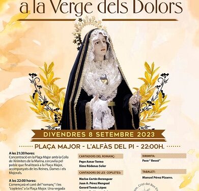 ‘Les Copletes a la Verge dels Dolors’ se cantarán el viernes 8 de septiembre en la plaza Mayor de l’Alfàs