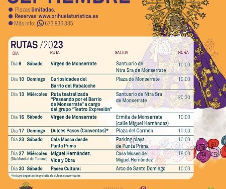Orihuela presenta unas atractivas rutas turísticas en septiembre con protagonismo para la Virgen de Monserrate