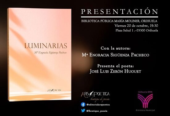 El poemari Lluminarias de Mª Engracia Sigüenza Pacheco es presentarà a la Biblioteca María Moliner d’Oriola