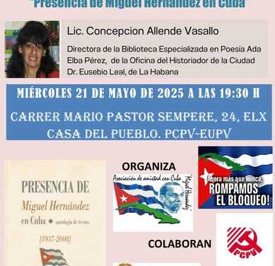 Este miércoles la bibliotecaria cubana Concepción Allende Vasallo intervendrá en Elche para hablar de las huellas de Miguel Hernández en Cuba