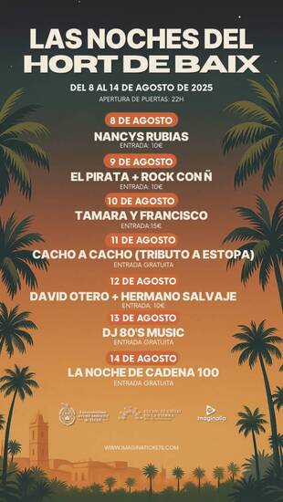 Vuelven las Noches del Hort de Baix de Elche con las actuaciones de Nancys Rubias, El Pirata o Tributo a Estopa