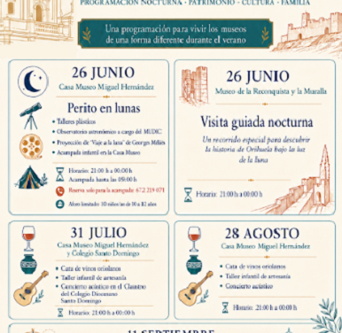 Orihuela invita a vivir sus museos de noche con una programación de verano que une patrimonio, música, talleres, vino oriolano y experiencias familiares