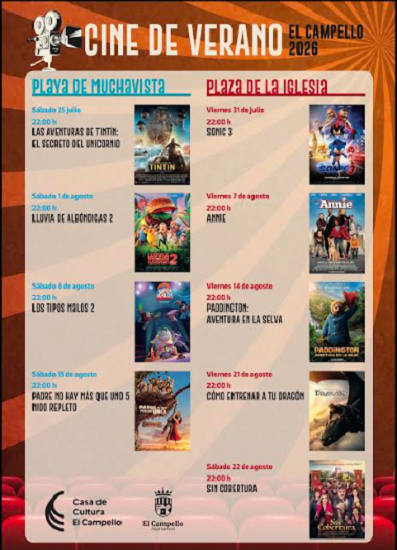 Del 25 de julio al 22 de agosto, cine de verano “a la fresca” y gratuito en la Plaza de la Iglesia y la playa de Muchavista de El Campello, con 9 proyecciones de películas de corte familiar