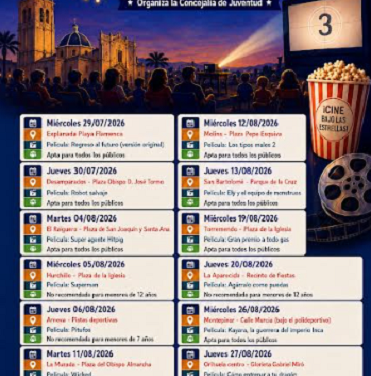 La Concejalía de Juventud organiza el Cine de Verano 2026 en Orihuela y sus pedanías