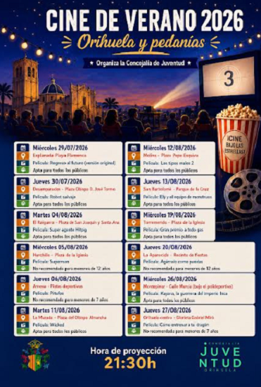 La Concejalía de Juventud organiza el Cine de Verano 2026 en Orihuela y sus pedanías