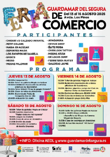 Guardamar del Segura celebra la Feria del Comercio desde el próximo jueves 13 hasta el 16 de agosto 2026 en la avenida los Pinos con actividades y espectáculos para todos los públicos